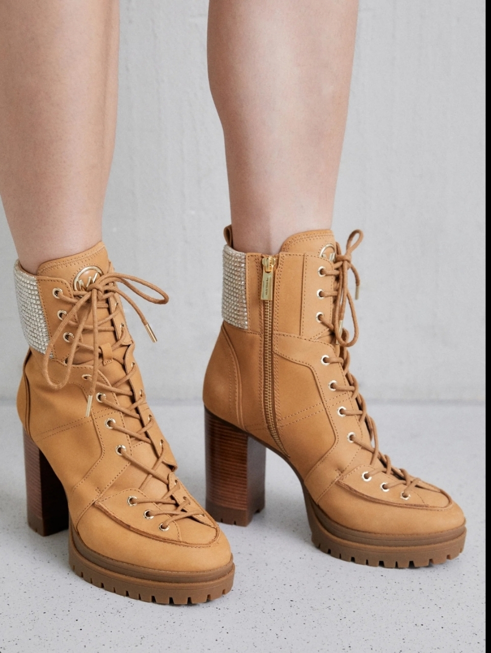 Michael Kors Tan Lace-Up Block Heel Boots with Crystal Collar - Picture 6 of 15